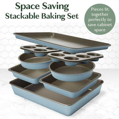 Goodful All-In-One Nonstick Bakeware Set, Stackable and Space Saving Design includes Round and Square Pans, Muffin Pans, Cookie Sheet and Roaster, Dishwasher Safe, 8-Piece, Blue Mist - CookCave