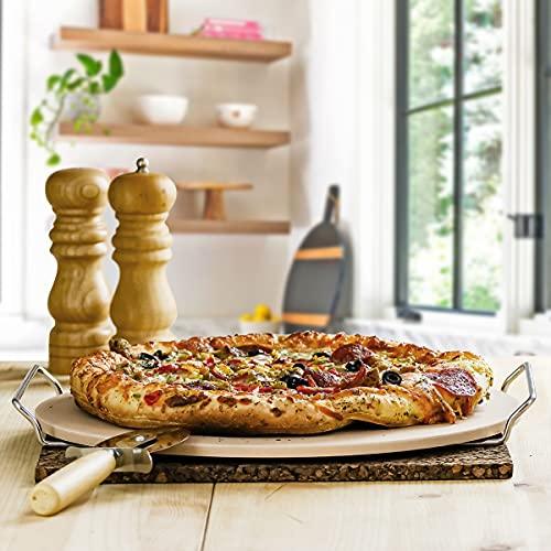 OVENTE Ceramic Flat 13 Inch Pizza Stone Set with Crust Cutter Wheel & Metal Rack/Handle, Compact Easy Storage Portable Baking Grilling Stone Thermal Shock Resistance for Oven Grill BBQ, Beige BW10132 - CookCave