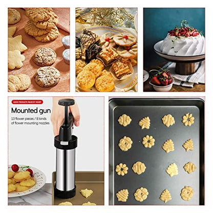 Cookie Press for Baking, Stainless Steel Spritz Cookie Press, Cookie Press Gun Kit with 13 Cookie Press Discs and 8 Icing Tips, for DIY Biscuit Maker, Cake Icing Decoration - CookCave