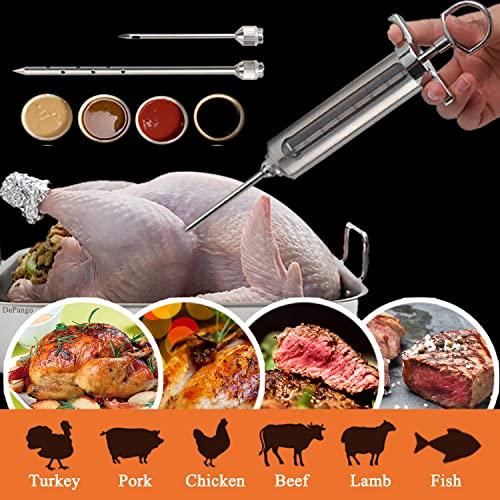 DePango Meat Injector, Stainless Steel Marinade Injector Flavor Syringe Kit with 2-oz Measurement Window for Smoker Food BBQ Grill, Cooking Turkey Chicken Steak Beef Brisket Pork-Chops, 3 Meat Needles - CookCave