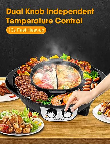 Soupify 2 in 1 Hot Pot with Grill, Electric Korean BBQ Grill, Independent Dual Temperature Control & Non-stick Pan, Multi-function Smokeless Barbecue Grill for Family and Friends Gathering - CookCave
