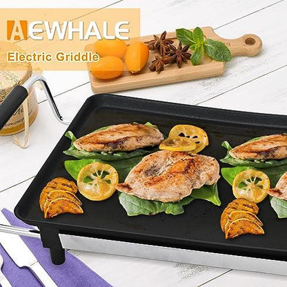 AEWHALE Electric Nonstick Griddle Grill- Teppanyaki Grill BBQ with Adjustable Temperature and Drip Trays for Indoor/Outdoor,18" x 10" - CookCave