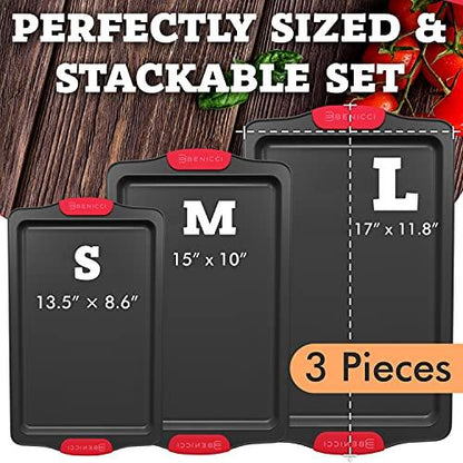 Premium Non-Stick Baking Sheets Set of 3 - Deluxe BPA Free, Easy to Clean Racks w/Silicone Handles - Bakeware Pans for Cooking Baking Roasting - Lets You Bake The Perfect Cookie or Pastry Every Time - CookCave