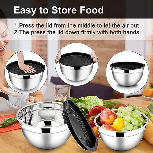 E-far Mixing Bowls with Lids, 6-Piece Stainless Steel Salad Bowls Metal Nesting Bowls for Baking Cooking and Prepping, Airtight Lids & Stackable Design, Size 4.5, 3, 1.5 QT (Black) - CookCave