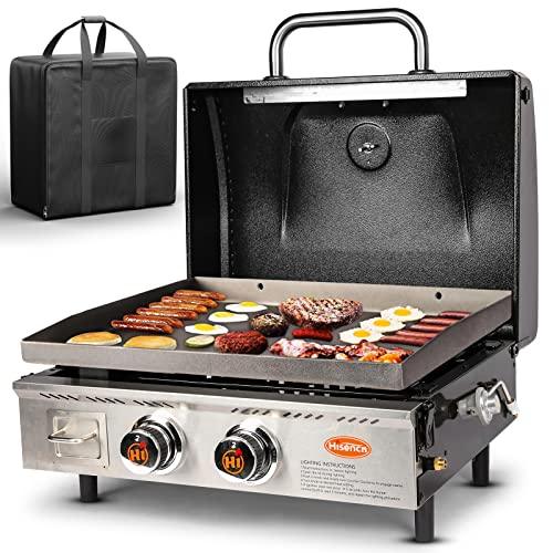 Hisencn Portable Flat Top Grill Propane Gas Grill for Outdoor, Camping, Tabletop, Kitchen, Tailgating, RV - 348 sq. in. Heavy Duty & 24000 BTUs Griddle for BBQ Grill, 22 Inch with Hood, with Carry Bag - CookCave