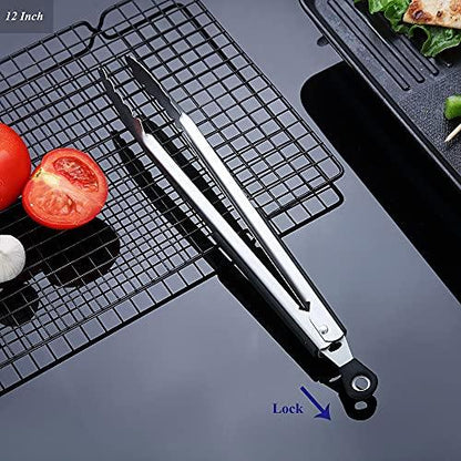 12 Inch Barbecue Tongs, Stainless Steel BBQ Tongs, Premium Grill Tongs for Cooking, Metal Tongs for Massive Meat, Locking Kitchen Tongs, Stylish Sturdy Cooking Tongs - CookCave