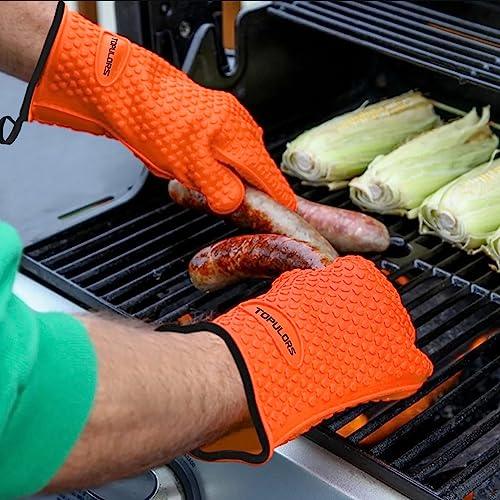 Silicone Gloves Oven Mitts Heat Resistant BBQ Smoker Grill Gloves Handle Hot Food Pulled Pork Gloves for Cooking Baking Grilling Barbecue Potholder Five Finger Gloves with Inner Cotton Layer - Orange - CookCave