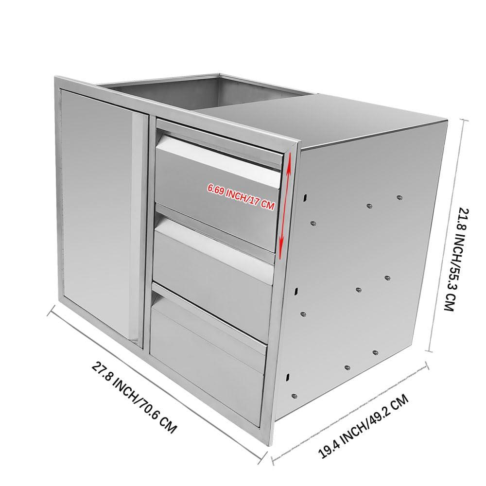 Karpevta Outdoor Kitchen Drawer Combo 28''W x 22''H x 19.5''D, Multi-Layer Design Access Door &Triple Drawers Combo Stainless Steel with Partition Perfect for Outdoor Kitchen BBQ Island - CookCave