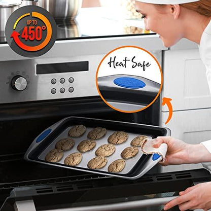 NutriChef 6-Piece Baking Pan Set - PFOA, PFOS, PTFE Free Flexible Nonstick Gray Coating Carbon Steel Bakeware - Professional Home Kitchen Bake Cookie Sheet Stackable Tray w/Blue Silicone Handles - CookCave