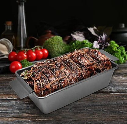 PERLLI Nonstick Meat Loaf Pan Bread Pan with Insert, 2-in-1 Large 9.8" X 5.7" Healthy Coating Nonstick Roaster Pan with Drain Drip Tray, Carbon Steel Gray - CookCave