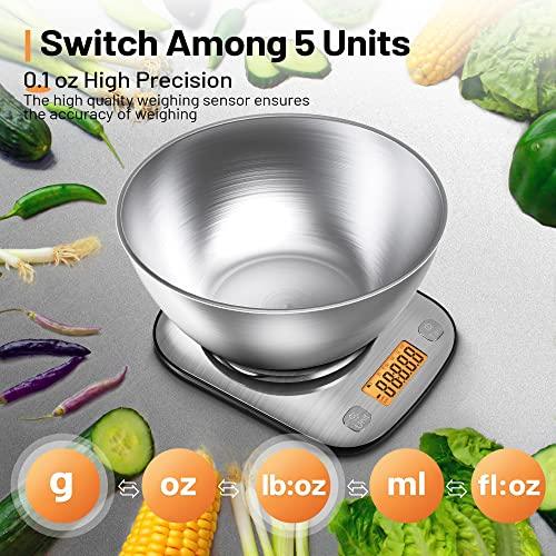 GRAM PRES Food Kitchen Scale Digital Weight Grams and Oz with IPX6 Waterproof，Professional Stainless Steel Digital Kitchen Food Scale 11lb/0.01oz with Bowl for Weight Loss Dieting Baking Cooking - CookCave