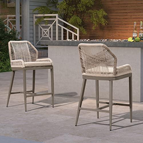 PURPLE LEAF Counter Height Bar Stools Set of 4 Woven Aluminum Modern Barstools with Back and Arms for Patio Balcony Pool Accent Outdoor Kitchen Counter Stool Chairs - CookCave