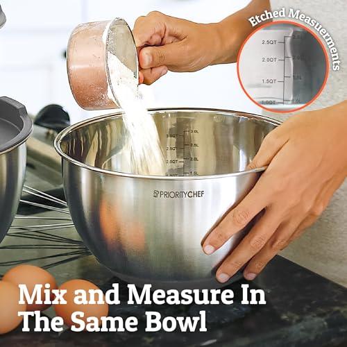 Priority Chef Premium Mixing Bowls With Airtight Lids Set, Thicker Stainless Steel Mixing Bowl Set, Large Prep Metal Bowls with Lids, Nesting Bowls for Kitchen, 1.5/2/3/4/5 Qrt, Grey - CookCave