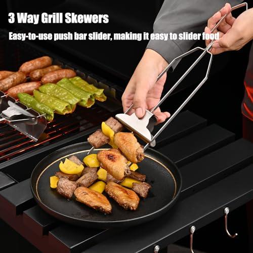 Leqsdijk BBQ Accessories Grilling Tools, 3 Three-Headed Stainless Steel BBQ Skewers Meat Forks + Large Stainless Steel Elevated Holder + Silicone Basting Brush + Meat Smoking Guide, Barbecue Enthusias - CookCave