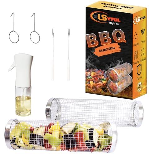 USYFUL Rolling Grilling Baskets, BBQ grill basket, Stainless Steel Grill Mesh Barbeque Grill Accessories, Camping Picnic Cookware for Outdoor Grill for Fish, Meat, Vegetables - CookCave