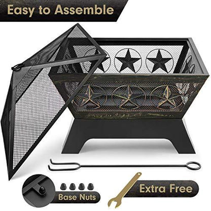 AMAGABELI GARDEN & HOME Fire Pit Outdoor Wood Burning 24in with Fireplace Poker Spark Screen Retardant Mesh Lid Rustproof Bronze - CookCave