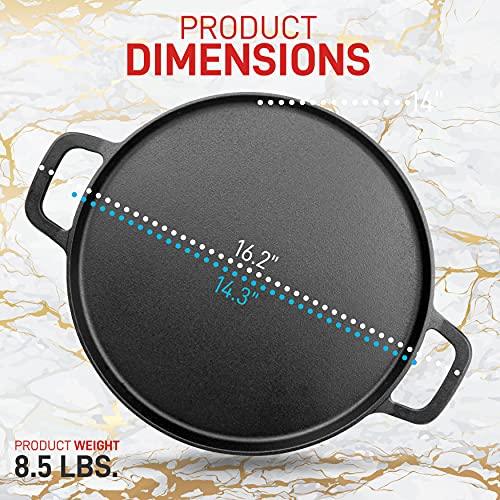 NutriChef 14" Cast Iron Baking Pan Steel Pizza W/Easy Grip Gas, Electric, Glass, Induction Cooker, Oven, & Grill/Campfire-2 Silicone Handles, avarage, Black - CookCave