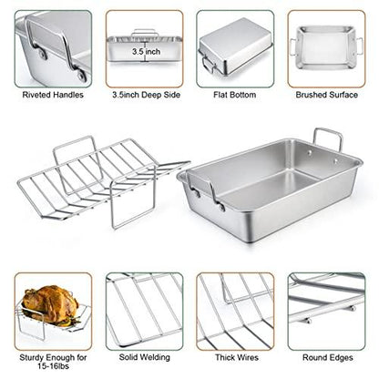 TeamFar Roasting Pan with Rack, 14 Inch Stainless Steel Turkey Roaster Lasagna Pan with V-Shaped Rack & Cooling Rack, Healthy & Durable, Brushed Surface & Dishwasher Safe, Rectangular - Set of 3 - CookCave