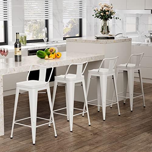 Alunaune 24" Metal Counter Height Barstools Set of 4, Industrial Counter Bar Stools Kitchen Bar Chairs Indoor Outdoor Stool-Low Back, White - CookCave