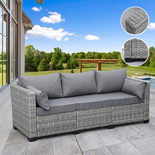 Rattaner Outdoor Furniture Outdoor Couch Grey Wicker Patio Furniture 3-seat Sofa Deep Seat Hight Backrest with Waterproof Cover and Anti-Slip Cushions, Grey - CookCave