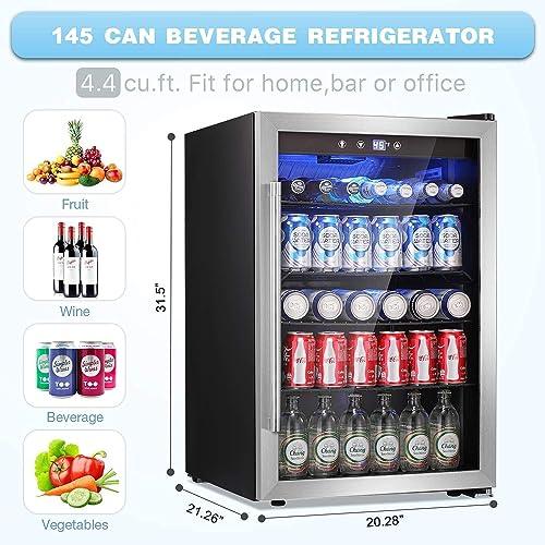 Antarctic Star Beverage Refrigerator Cooler - 145 Can Mini Fridge Glass Door for Soda Beer or Wine, Small Drink Dispenser, Clear Front Door for Home Office or Bar, 4.4Cu.Ft. - CookCave