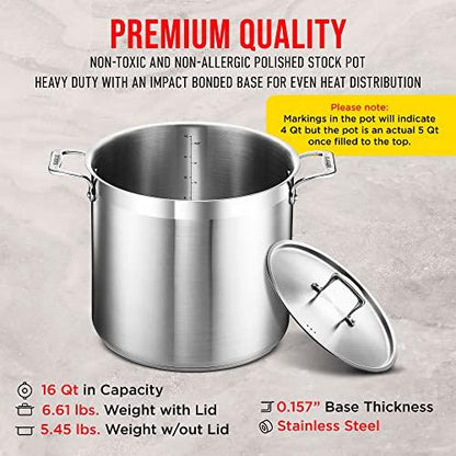 Stockpot – 16 Quart – Brushed Stainless Steel – Heavy Duty Induction Pot with Lid and Riveted Handles – For Soup, Seafood, Stock, Canning and for Catering for Large Groups and Events by BAKKEN - CookCave