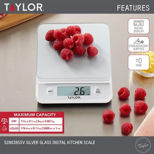 Taylor Glass Top Food Scale with Touch Control Buttons, 11 lb Capacity, Silver - CookCave