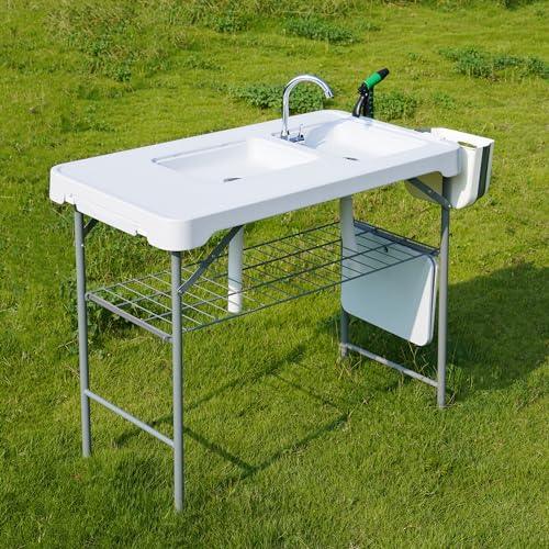 Allpop Folding Fish Cleaning Table with 2 Sinks & Grid Rack, 42.5'' Portable Camping Fish Fillet Station with Foldable Faucet, Drainage Hose, Sprayer, Storage Box, Drawer & Grooves for Picnic, White… - CookCave