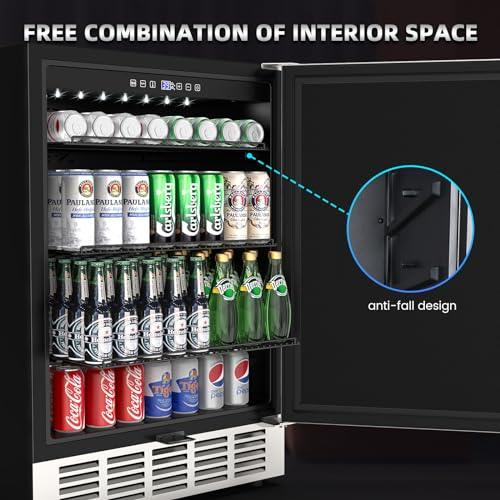 Mojgar 24 Inch Outdoor Beverage Fridge, Weather Proof Stainless Steel Beverage Cooler Under Counter Beer Fridge, Indoor/Outdoor Beverage Refrigerator for 190 Cans, Built-in/Freestanding (Foam Door) - CookCave