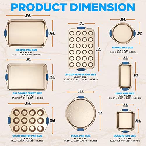 NutriChefKitchen 10-Piece Nonstick Bakeware Set - PTFE-Free Carbon Steel Baking Trays w/Heatsafe Blue Silicone Handles, Oven Safe Up to 450°F, Pizza Loaf Muffin Round/Square Pans, Cookie Sheets,Gold - CookCave