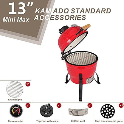 Outvita Ceramic Grill, 13" Round Kamado Charcoal Grill, Portable Barbecue Grill with Thermometer for Variations on Cooking Methods(Red) - CookCave