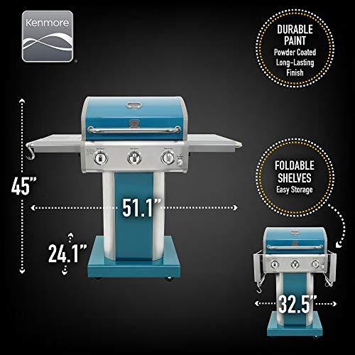 Kenmore 3-Burner Outdoor BBQ Grill | Liquid Propane Barbecue Gas Grill with Folding Sides, PG-A4030400LD-TL, Pedestal Grill with Wheels, 30000 BTU, Teal - CookCave