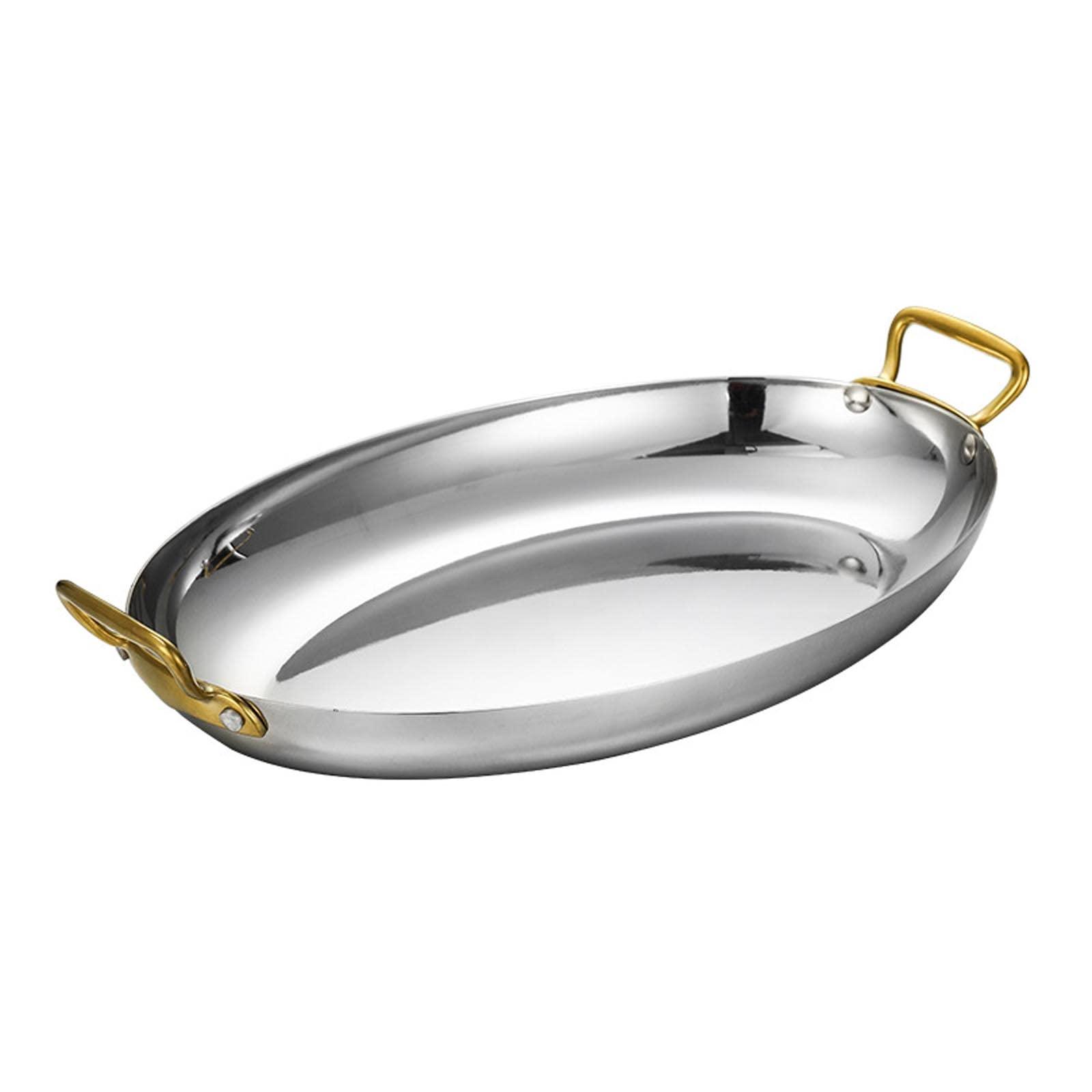 UGCER Oval Spanish Paella Pan - Stainless Steel Seafood Lobster Plate Non Stick Uncoated with Dual Handle for Homes Or Restaurants (Silver,40cm) - CookCave