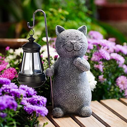 Qeeman Solar Garden Statue Cat Figurine- Garden Art with Solar Lantern, Loving Cat for Patio,Balcony,Yard, Lawn-Unique Housewarming Gift for Garden Mom Grandma - CookCave
