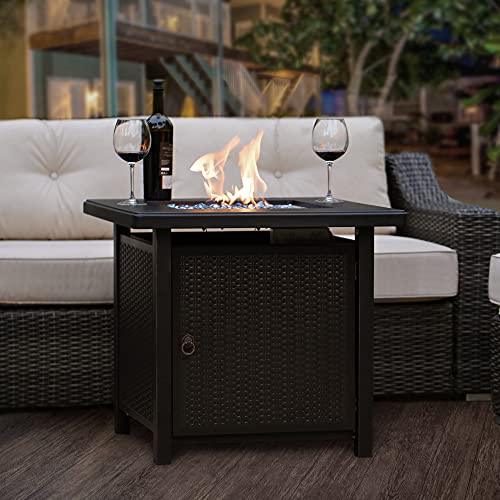 BALI OUTDOORS Gas Fire Pit Patio Furniture Table Propane Firepit, 28Inch Steel Tabletop Fire Pit with Cover Lid, Blue Glass Stone, 50,000BTU, Black - CookCave