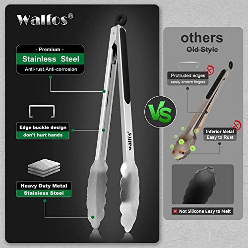 Walfos Stainless Steel Kitchen Tongs for Cooking, BBQ - 7 ，9, 12 and 14 Inch,Set of 4 Heavy Duty Locking Metal Food Tongs Non-Slip Grip - CookCave