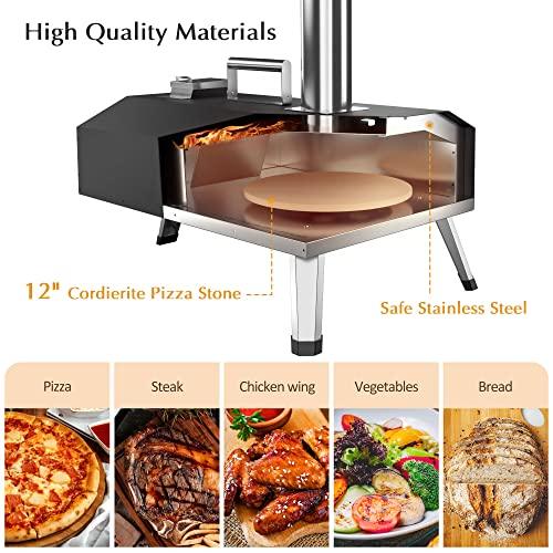 KitchenBoss Pizza Oven Wood Fired: Pellet Pizza Oven Outdoor Rapid Heating 12 inch, Portable Stainless Steel Pizza Grill with Rotating Stone and Complete Accessories for Outside Backyard Camping Black - CookCave