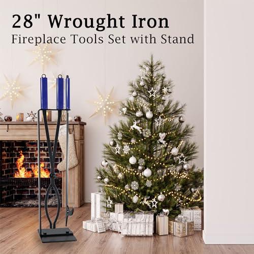 Fire Pit Tools Set with 28" Fire Poker and Log Tongs, Wrought Iron Fireplace Tools with Metal Stand and Rubber Handle,Solid Steel Firewood Log Grabber for Campfire Backyard Bonfire Indoor&Outdoor Use - CookCave