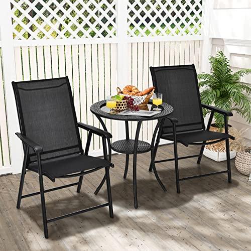 Tangkula Set of 2 Patio Folding Chairs, Fabric Dining Chairs with High Back & Armrests, Portable Camping Lounge Chairs with Sturdy Metal Frame, Outdoor Sling Chairs for Patio Lawn Garden (Black) - CookCave