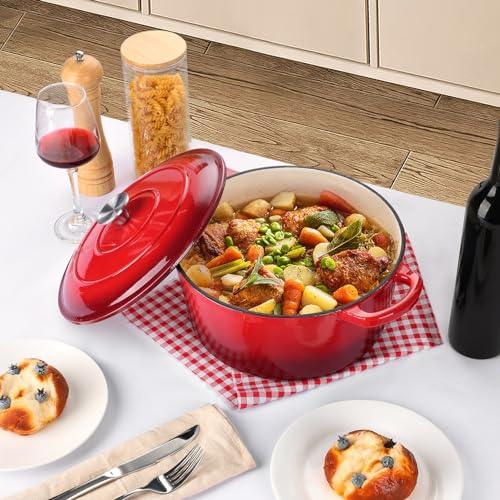 6 Quart Enameled Dutch Oven with Lid, P&P CHEF 6 Qt Cast Iron Dutch Oven Pot, Enamel Round Dutch Oven Cooking Stock Pot for Braising, Stewing, Roasting, Baking, Various Stoves & Oven Safe (Red) - CookCave