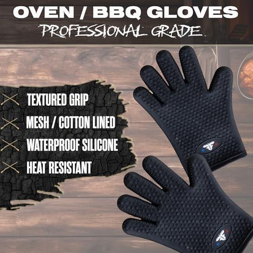 Freedom Flames Silicone Gloves for Grilling - Heat Resistant BBQ Gloves for Handling Hot Meat & Food on Smoker Pit or Grill, Waterproof Heat Proof Grill Gloves Oven Mitts for Baking & Cooking (Black) - CookCave