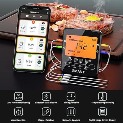 Rilitor Bluetooth Meat Thermometer,Wireless Digital Grill Thermometer with 4 Probes, Oven BBQ Thermometer with 100M/328Ft Smart APP Remote Suit for Kitchen Food Garden Smoker Barbecue Cooking - CookCave