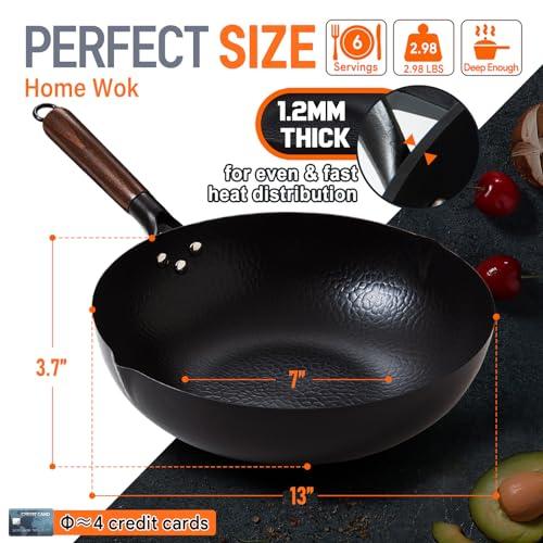 BrBrGo Carbon Steel Wok, 13 Inch Wok Pan with Lid and Cookwares, 5 Piece Woks & Stir-Fry Pans Set, No Chemical Coated Flat Bottom Chinese Woks for Induction, Electric, Gas, All Stoves - CookCave