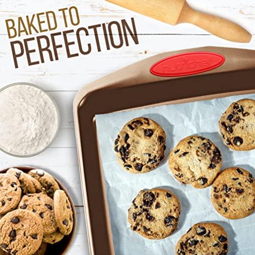 NutriChef 15-Piece Baking Pan Set - PFOA, PFOS, PTFE Free Flexible Nonstick Golden Coating Carbon Steel Bakeware - Professional Home Kitchen Bake Cookie Sheet Stackable Tray w/Red Silicone Handles - CookCave