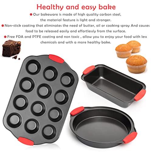 Moss & Stone 9 Piece Baking Pans Set, Oven Safe Baking Sheet Set Carbon Steel Non-Stick PTFE Coating, Bakeware Set With Heat Red Silicone Handles, Black Baking Trays For Oven - CookCave