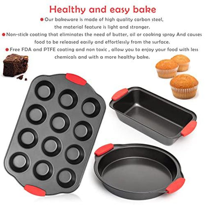 Moss & Stone 9 Piece Baking Pans Set, Oven Safe Baking Sheet Set Carbon Steel Non-Stick PTFE Coating, Bakeware Set With Heat Red Silicone Handles, Black Baking Trays For Oven - CookCave