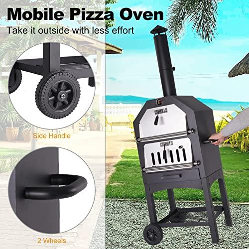 Vonzoy Wood Fired Outdoor Pizza Oven with Waterproof Cover, Pizza Stone and Peel, Wood Burning Pizza Oven with 2 Wheels for Outside - CookCave