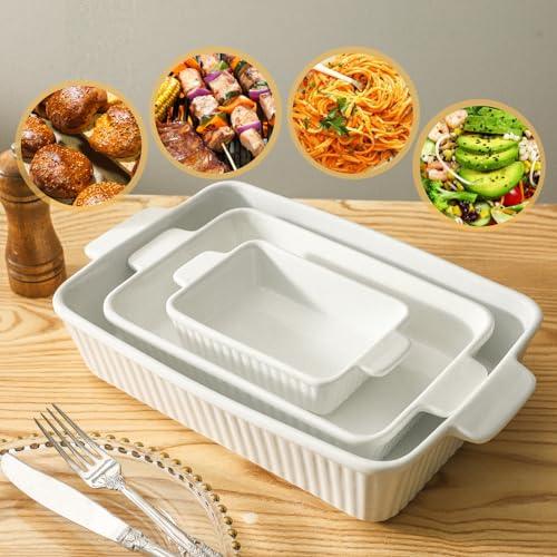 Hasense Casserole Dish Set of 3, Ceramic Baking Dishes for Oven, 9 x 13 Inches Lasagna Pan Deep, Rectangular Bakeware with Handles, Thanksgiving Christmas Gifts, White - CookCave