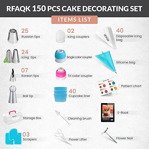 RFAQK 150PCs Russian Piping Tips Complete Set - Cookie,Cupcake Decorating Supplies Kit -Cake Piping Tips Set(24 Icing Tips+25 Russian+7 Ruffle+Leaf&Ball+41 Pastry Bags+EBook) - CookCave