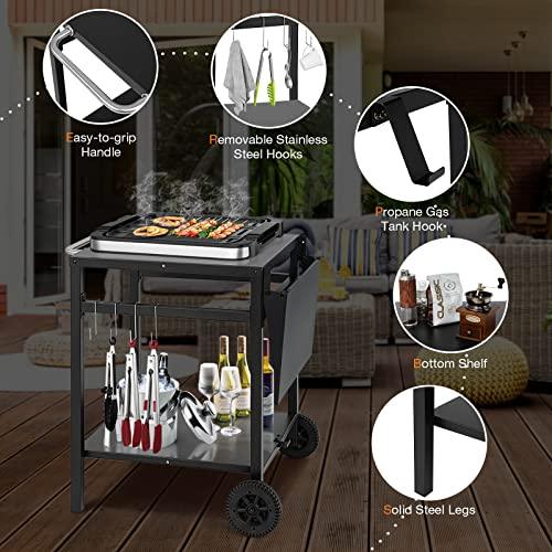 Giantex Outdoor Pizza Oven Stand Grill Cart with Wheels, Foldable Side Table, Gas Tank Hook, 4 Removable Hooks, Double-Shelf Movable Dining Cart Food Prep Worktable Trolley for Outside Kitchen BBQ - CookCave